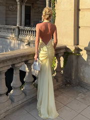 Halter Deep V Twist Satin Maxi Dress