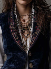 Navy Velvet Embroidered Lapel Vest