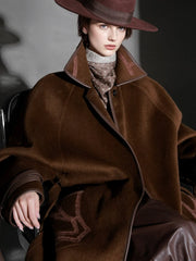 Chain Pattern Wool Coat for Women – Double-Faced Alpaca Wool Overcoat with Leather Trim, Chic Oversized Silhouette Winter Outerwear