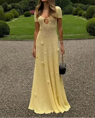 Cream Yellow 3D Flower U-Neck Cutout Knit Backless Maxi Dress
