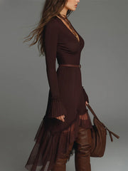 Bohemian Style Pleated Mesh Panel Midi Dress With Belt