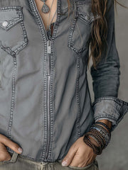 Retro Flap Pocket Zipper Placket Long-sleeved Denim Blouse