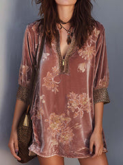 Retro Zip-up Collar Leopard Print Floral Polyester Velvet Mini Dress