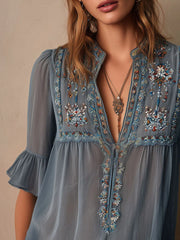 Vintage Dusty Blue Chiffon Floral Embroidered Blouse Flounce Sleeves
