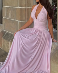 Halter Deep V Draped Maxi Waist Slimming Elegant Date Vacation Dress