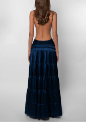 Deep V Backless Tiered Satin Maxi Dress