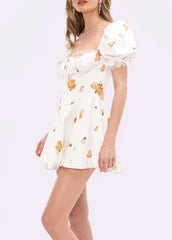 Square Neck Puff Sleeve Lace Trim Floral Print Mini Dress
