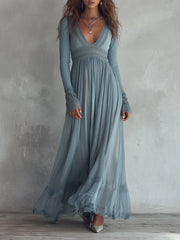 Bohemian Holiday Knitted Chiffon Pleated Lace Splicing Maxi Dress