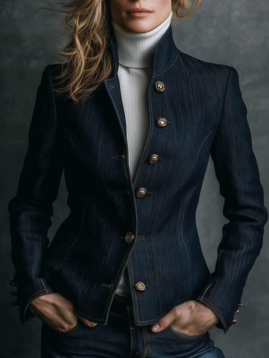 Vintage High Collar Classic Curve Cut Denim Brass Button Jacket