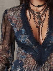 Boho Vintage Floral Blouse Sheer Lace Shirt