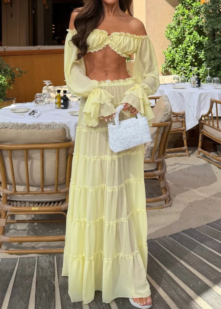 Off Shoulder Ruffled Crop Top And Tiered Skirt Set