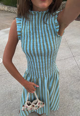 Sleeveless Ruffle High Neck Smocked Stripe Midi Dress