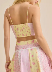 Pink Yellow Patchwork Floral Lace Cami Crop Top & Maxi Skirt Two Piece Set