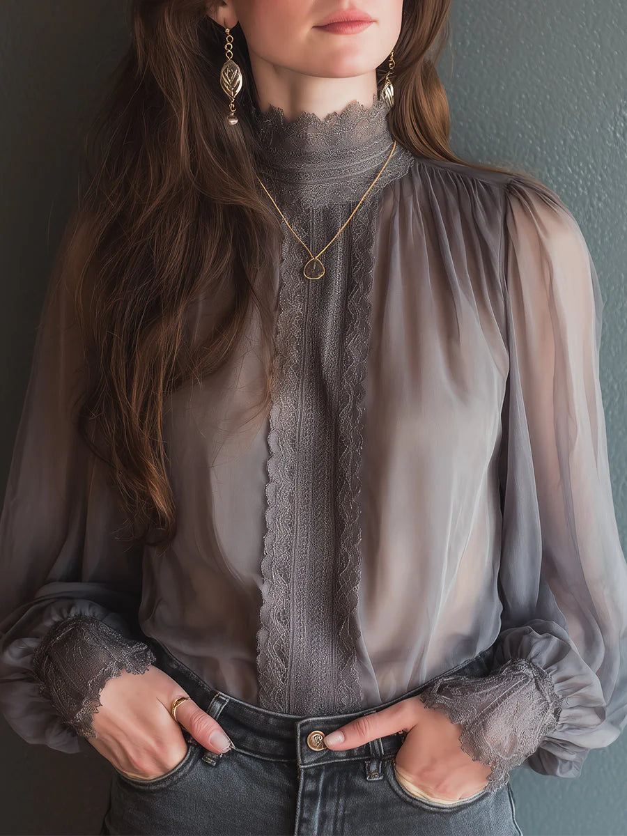Elegant Stand-collar Chiffon Blouse With Lace Trim