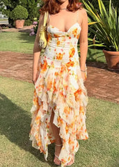 Orange Tie-Dye Floral V-Neck Cami Irregular Ruffle Maxi Dress | Vacation Elegant Beach Dress