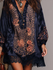 Retro Zip-up Collar Leopard Print Floral Polyester Satin Mini Dress