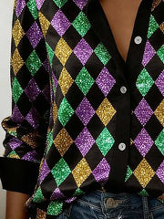 Women'S Casual Lapel Color-Block Printed Shirt