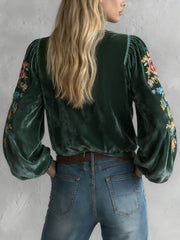 Ursime Dark Green Velvet Floral Print Lace-Up V Neck Lantern Sleeve Blouse