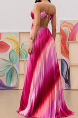 Spaghetti Strap Cutout Gradient Pleated Satin Maxi Dress