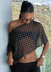 Chiffon Polka Dot Asym Shoulder Blouse