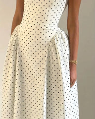 French Vintage Polka Dot Stand Collar Waist-Cinching Flare Maxi Dress | Elegant Commuter Slimming A-Line Dress