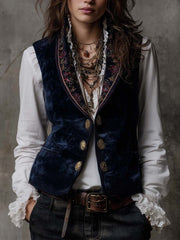 Navy Velvet Embroidered Lapel Vest