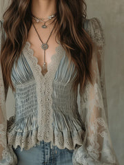 Vintage Bohemian Dusty Blue Lace Peplum Blouse