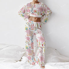 Colordate Ruby Dusk Women's Colorful Flower Print Long Sleeve Cotton Homewear Set