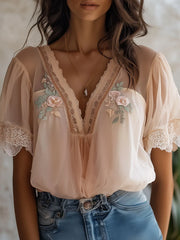 Boho Delicate Floral Embroidered Chiffon Blouse