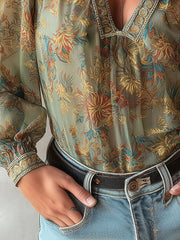 Boho Floral Sheer Chiffon Blouse With Lace Accent