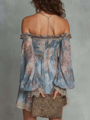 Off-Shoulder Smocked Chiffon Mini Dress