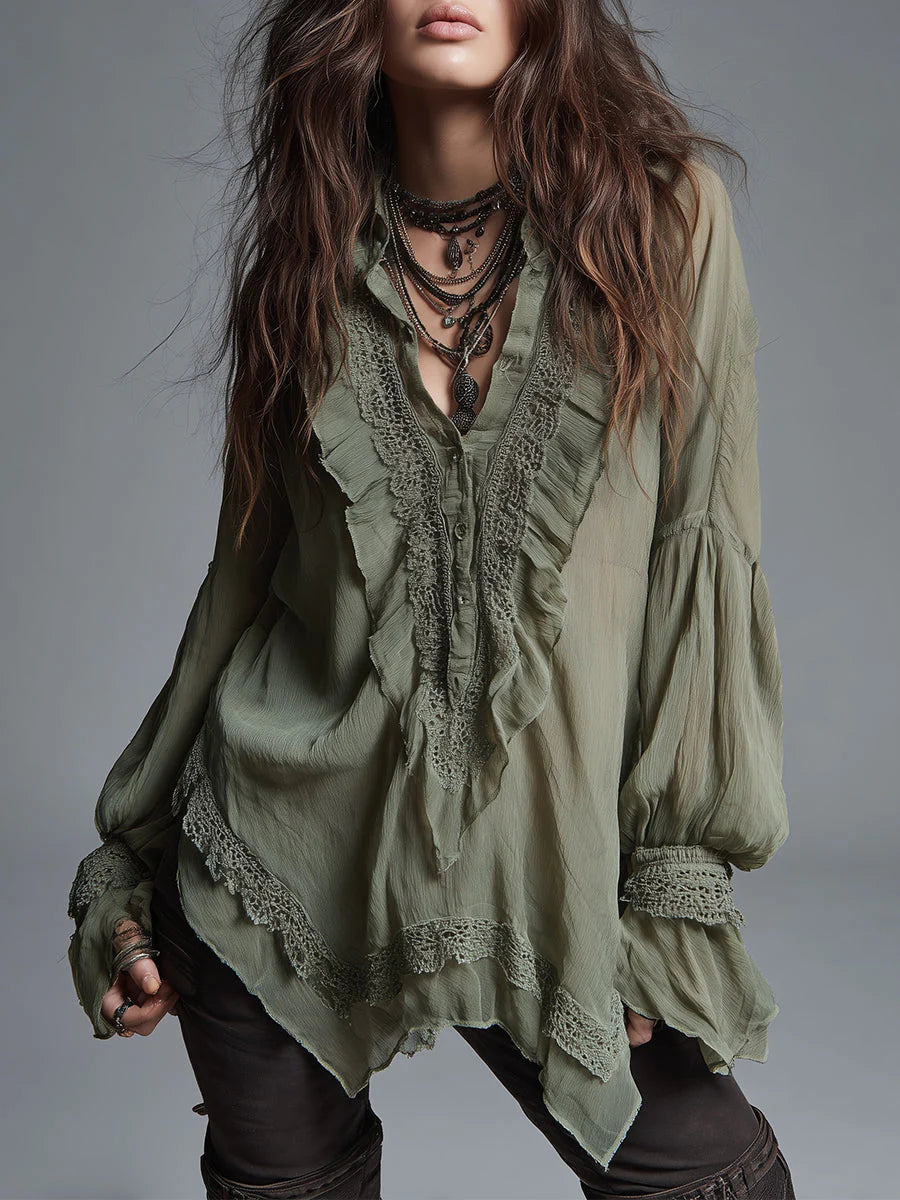 Bohemian-style Chiffon Blouse With Lace Trim