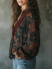 Vintage Floral Jacquard Mixed Cotton Lace Loose Blouse