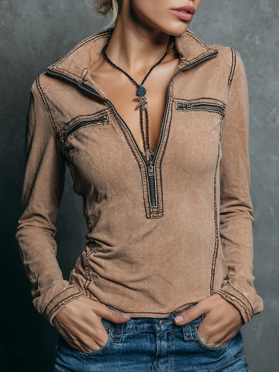 Retro Half Zip Collar Pocket Blouse