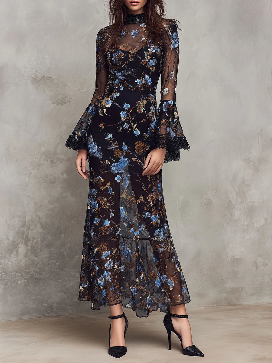 Black Floral Sheer Maxi Dress ¨C Lace-Trimmed Bell Sleeves & High Neck
