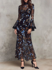 Black Floral Sheer Maxi Dress ¨C Lace-Trimmed Bell Sleeves & High Neck