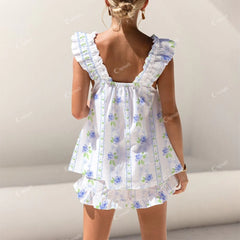 Colordate Blue Flower Print Short Tank Top Shorts Pajama Set