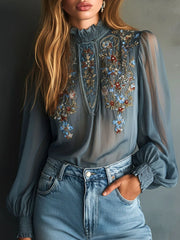 High Neck Smoky Blue Embroidered Chiffon Blouse With Sheer Sleeves