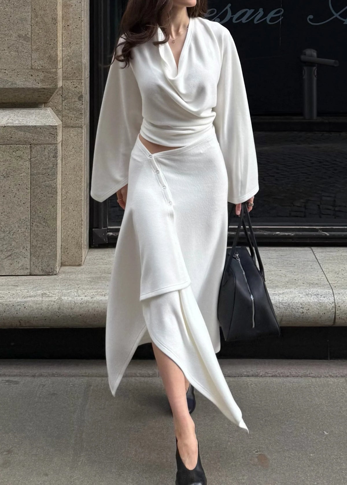 Cowl Neck Asymmetric Draped Skirt Set