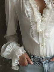 Romantic Ruffled Lace Blouse – Ivory White