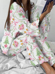 Women's Christmas Pink Bow Nutcracker Print Linen Cotton Suit