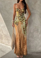 Printed V Neck Cami Slim Bodycon Maxi Dress
