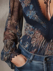 Boho Vintage Floral Blouse Sheer Lace Shirt