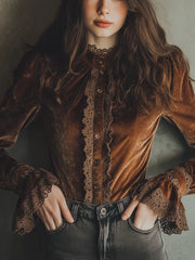 Vintage Lace Cuffs Poly Velvet Blouse