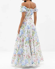 Hydrangea Floral Print Off Shoulder Smocked Waist Tiered Ruffle Maxi Dress