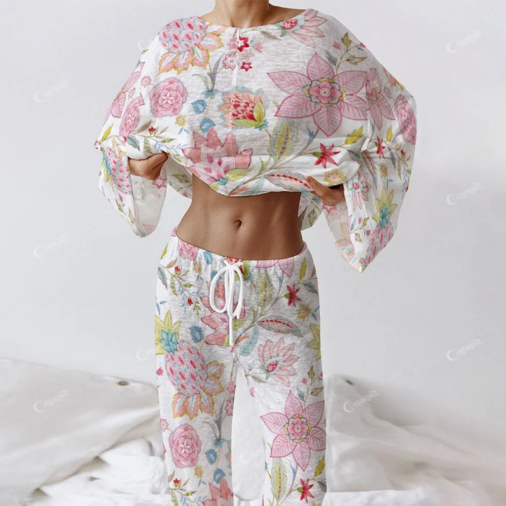 Colordate Ruby Dusk Women's Colorful Flower Print Long Sleeve Cotton Homewear Set