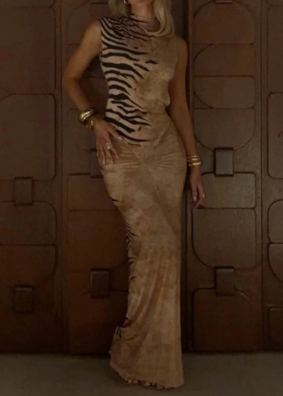 Asymmetric Turtleneck Zebra Print Open-Back Bodycon Maxi Dress