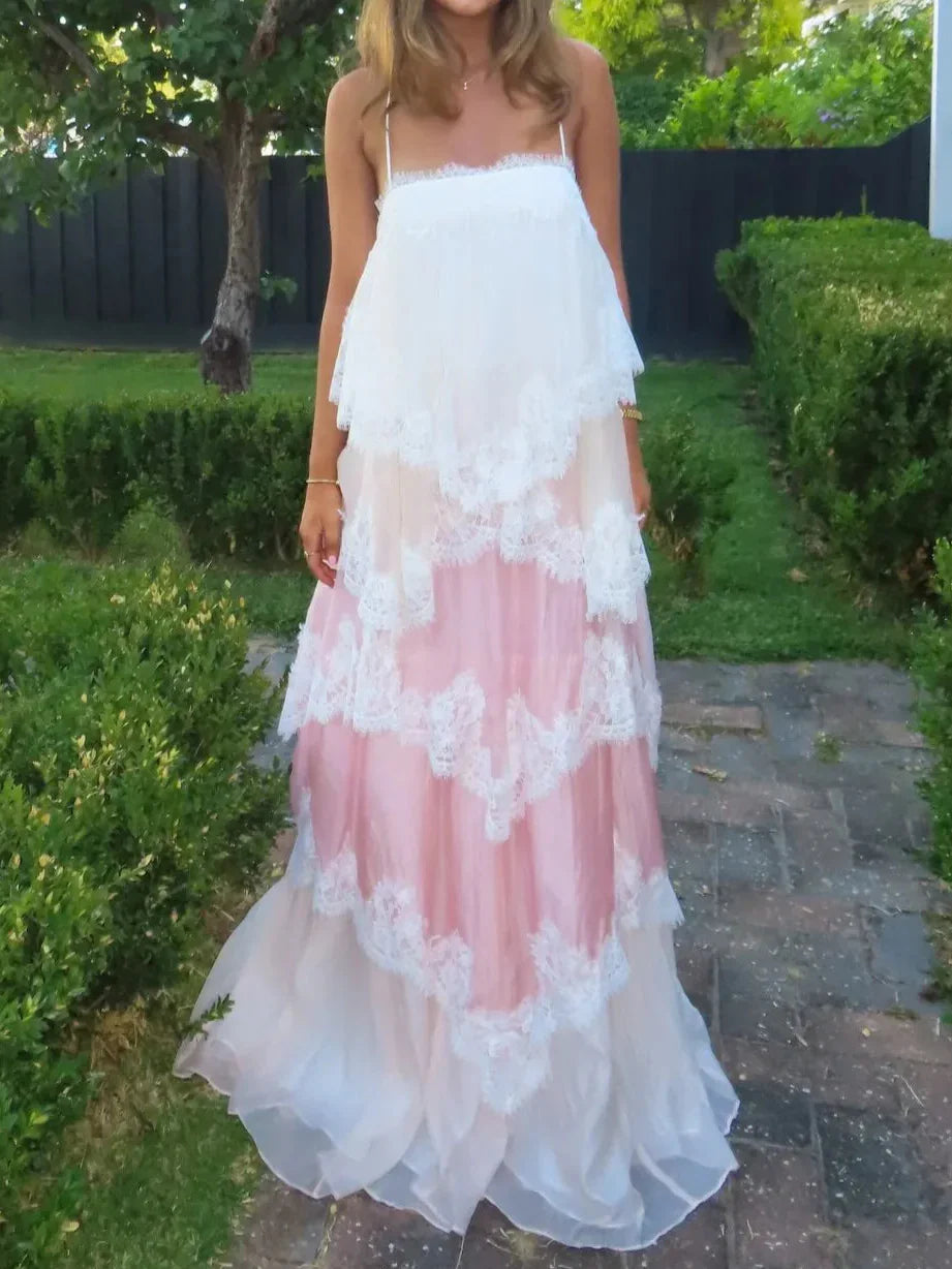 Pink & White Ombre Lace Layered Spaghetti Strap Cake Maxi Dress