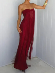 Burgundy Strapless Fringe Cut-Out Maxi Evening Gown