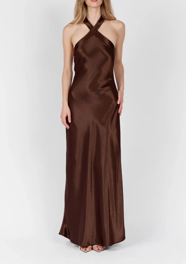 Cross Halter Open Back Tie-Back Solid Satin Maxi Slip Dress